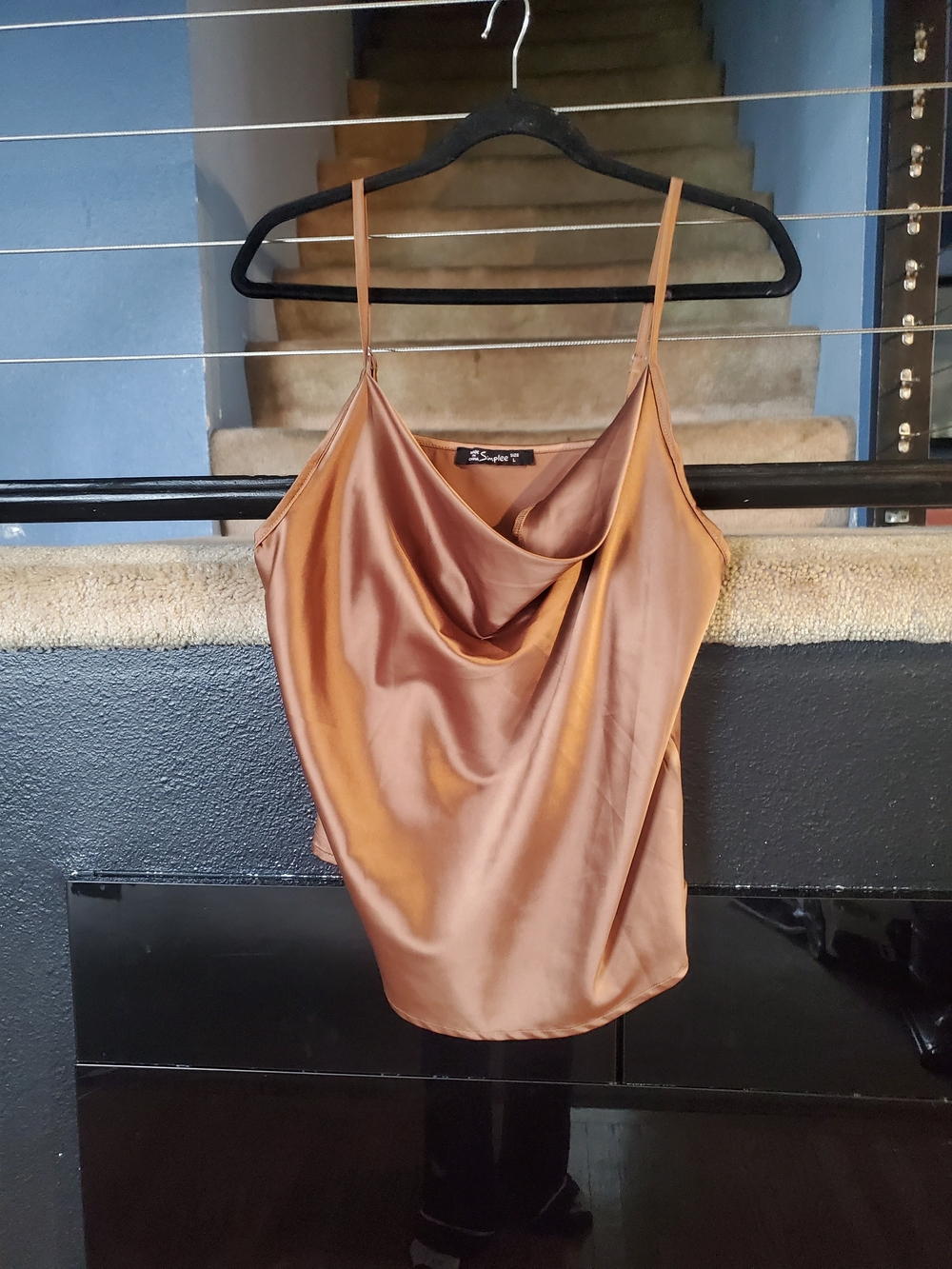 Simple Bronze Satin Cowl Neck Tank Top
